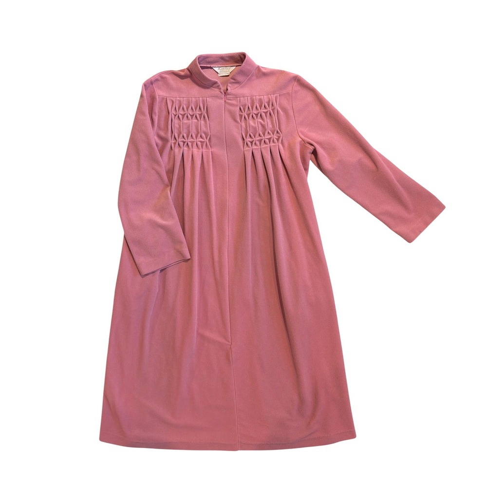 Vintage Kayser Pink Smocked Zip Front Housecoat Robe Long Sleeve Fleece M